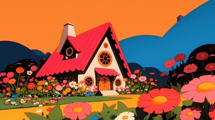 A whimsical cottage with a red roof, surrounded by vibrant flowers, set against a colorful sunset backdrop.