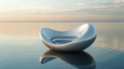 Sleek, metallic bowl floats on calm water at sunset. Ideal for concepts of peace, serenity, and minimalist design.