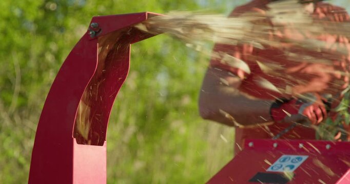Garden worker using wood chipper shredder machine for making mulch