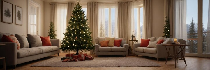 Spruce Christmas tree in a warm and inviting living room, plush furniture, warm atmosphere