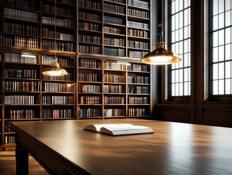 A serene library interior featuring tall bookshelves filled with books, soft lighting, and an open book on a wooden table, inviting readers into a world of knowledge and discovery.