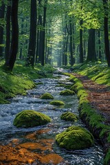 Naklejka premium Serene Forest Stream With Moss Covered Rocks And Pathway