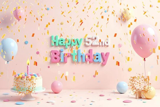 Animated 3D Happy 52nd Birthday background video in pastel theme with floating balloons, lit candles, fireworks, and confetti shower