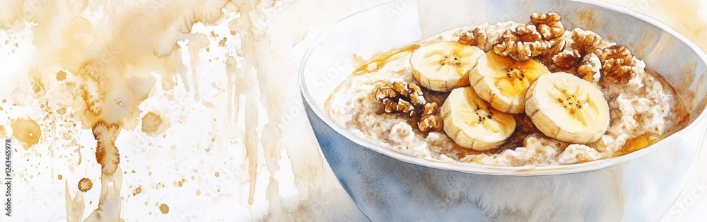 Poster Close-up view of creamy oatmeal topped with banana slices and walnuts against a soft watercolor background