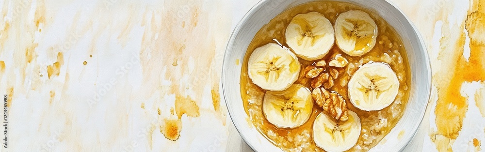 Poster delicious close-up of oatmeal with banana slices and walnuts in a watercolor setting