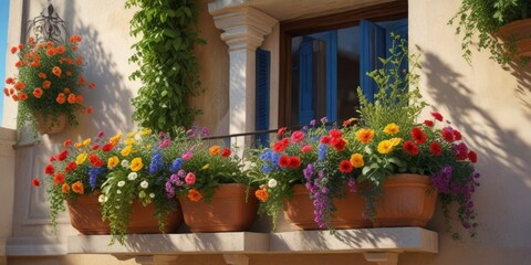 Fototapeta premium Vibrant Mediterranean flowers and foliage overflowing from a balcony planter , dekor, ausblick, flora