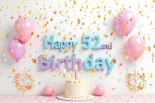 Animated 3D Happy 52nd Birthday background video in pastel theme with floating balloons, lit candles, fireworks, and confetti shower