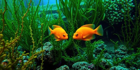 Vibrant orange fish swimming amongst lush seaweed at the ocean bottom, colorful, sea creatures