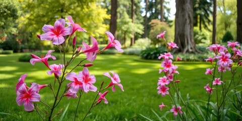 Obraz premium Vibrant pink flowers swaying gently in the breeze amidst a lush green lawn and tall trees in a beautiful garden, landscape, beautiful garden, floral arrangement