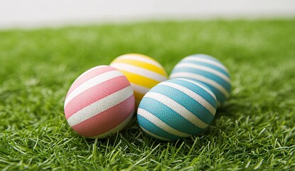 Colorful Easter eggs arranged on green grass with vibrant designs in springtime setting