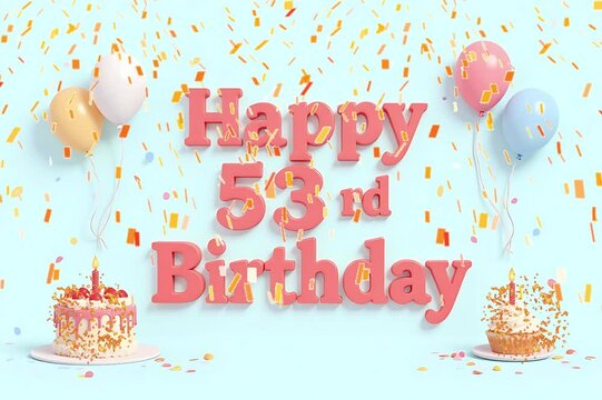Animated 3D Happy 53rd Birthday background video in pastel theme with floating balloons, lit candles, fireworks, and confetti shower
