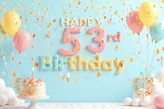 Animated 3D Happy 53rd Birthday background video in pastel theme with floating balloons, lit candles, fireworks, and confetti shower