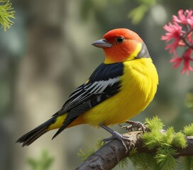 Stunning western tanager showcasing its bright plumage in the spring, colorful, plumage