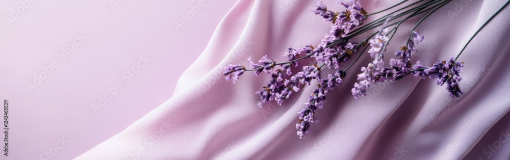 Poster Delicate lavender blooms on soft fabric create a calming atmosphere in a serene setting