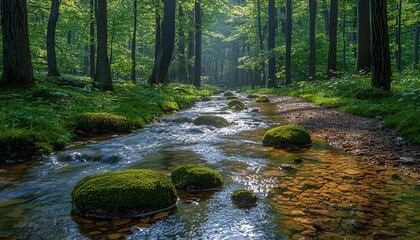 Obraz premium Serene Forest Stream Flowing Over Mossy Rocks