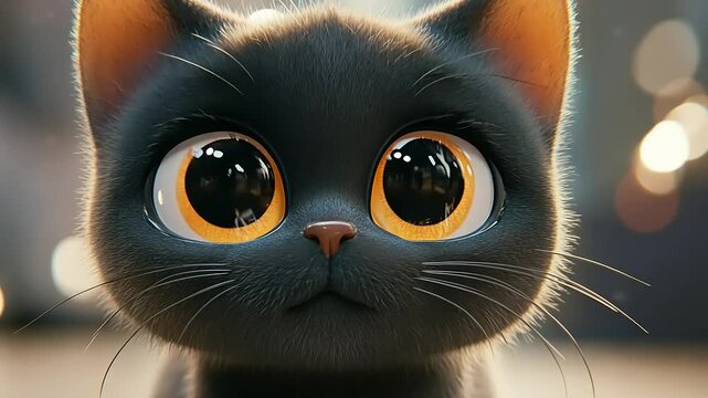 Adorable 3D Render of a Black Kitten with Large, Expressive Eyes