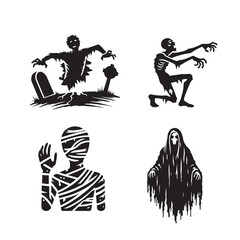 Zombie breaking through a grave, Ghostly wraith with tattered robes,Mummified undead with bandages, zombie silhouette




