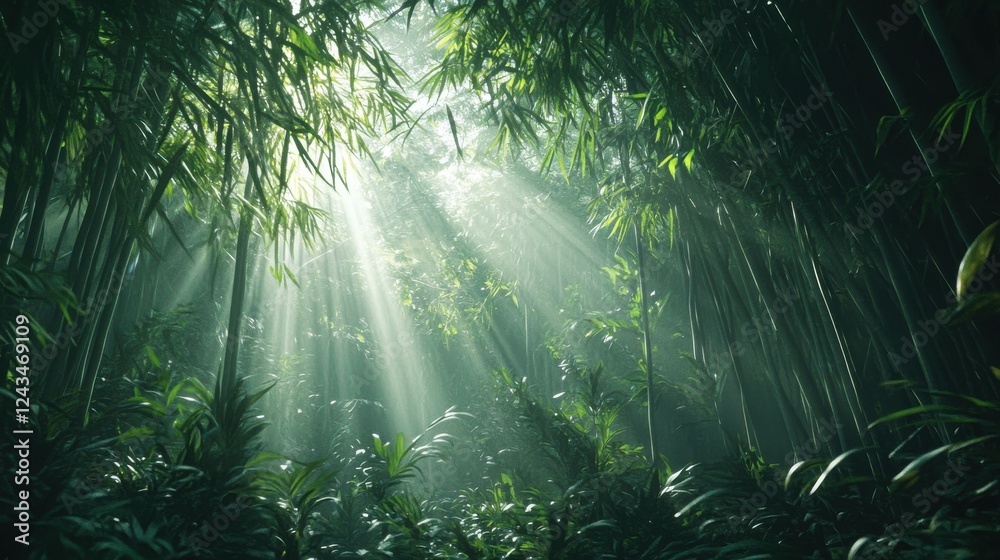 Poster Sunlight filters through a dense bamboo forest creating a serene and magical atmosphere