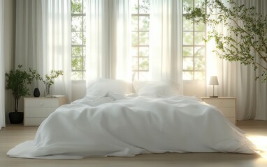 Serene Minimalist Bedroom with White Bed Soft Linen and Natural Light