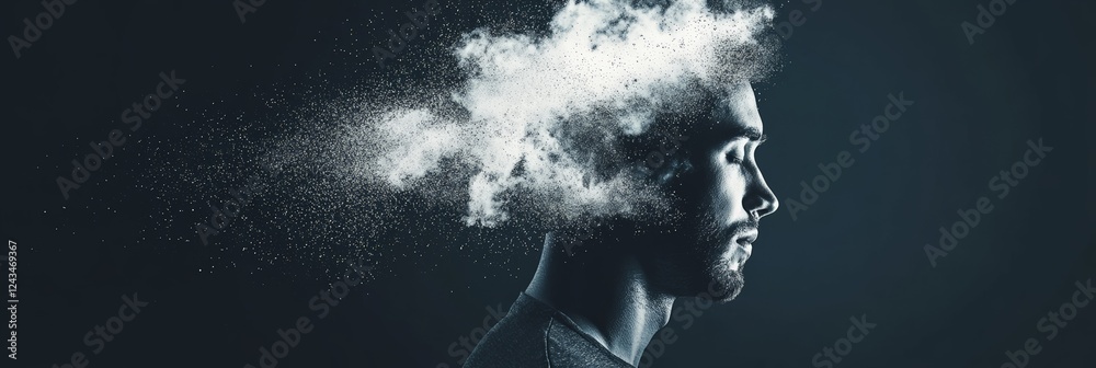 Aufkleber Side view portrait of a young man with head exploding into small particles, illustrating concepts of dementia, stress, burnout, migraine, and mental health issues