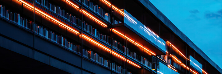 Modern Building Exterior with Illuminated Bookshelves at Night