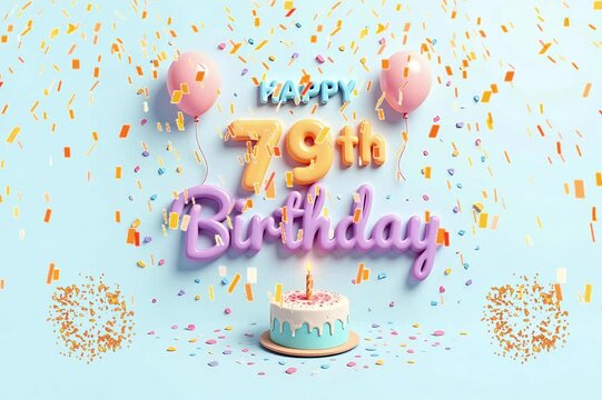 Animated 3D Happy 79th Birthday background video in pastel theme with floating balloons, lit candles, fireworks, and confetti shower