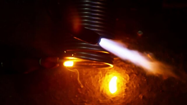 Close-up autogenous welding cuts metal in production. Industrial and the work of a factory worker. High quality 4k footage