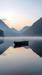 Boat floating on calm misty lake at dawn phone wallpaper