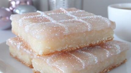 Obraz premium A close-up of sweet, sugary treats stacked on a plate, showcasing a glossy surface and a delicate grid pattern.