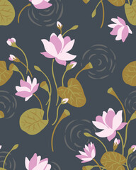 Elegant pink and white lotus flower pattern with green leaves on a dark gray background with water ripples. This design is suitable for various purposes, textile design, or home decoration