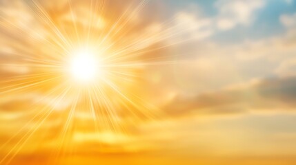 A stunning sunrise with vibrant rays illuminating the sky, creating a warm and serene atmosphere. The soft clouds blend in with the orange and blue hues, inviting tranquility.