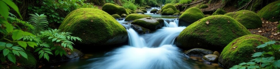 Water flows through moss-covered rocks and ferns, rocks, water