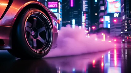Burning Rubber:  Night City Sports Car Wheel Spin and Smoke