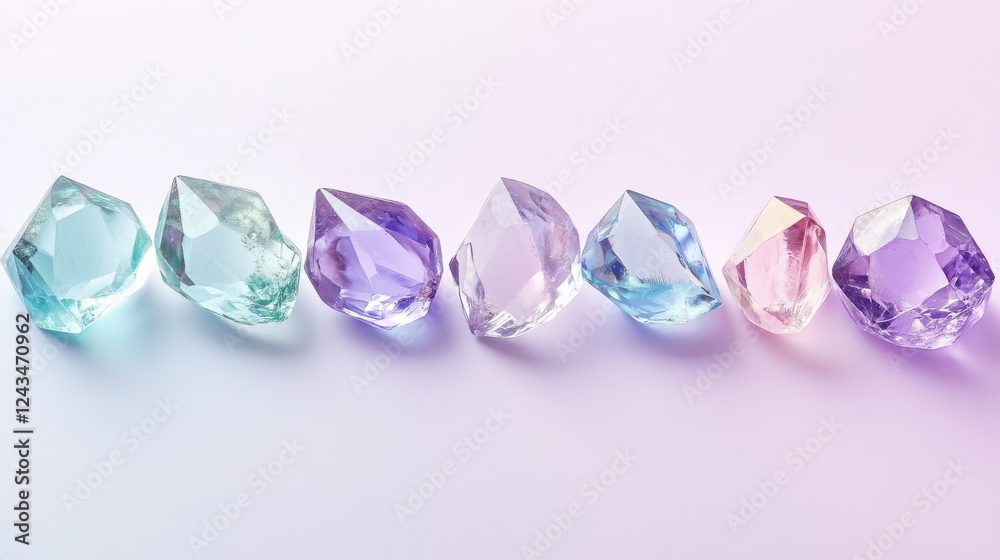 Poster colorful crystals arranged in a minimalist gradient from pastel mint to lavender on a simple surface