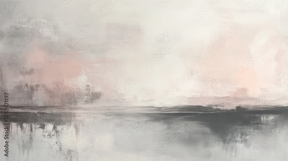 Poster soft gray and pink mist gradually dissolving into a tranquil landscape at dusk