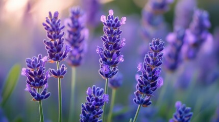 Fototapeta premium Lavender flowers softly blend into shades of blue at sunset, creating a tranquil atmosphere in a serene garden