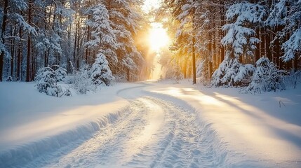 Obraz premium Snowy path sunrise winter forest