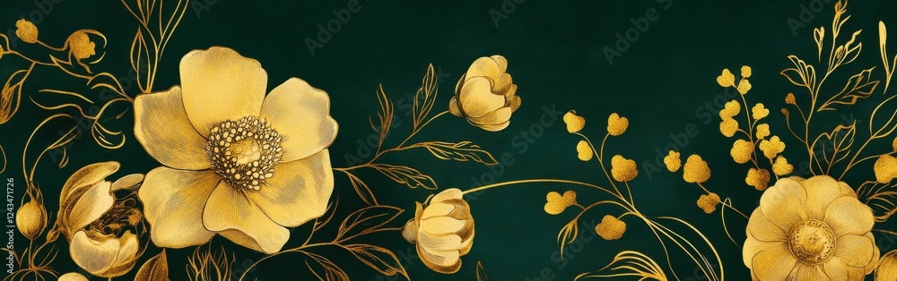 Poster hand-drawn golden flowers on deep emerald background creating vibrant floral pattern and artistic de
