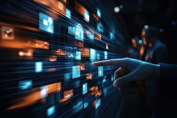 modern business and technology theme. Blurred background with people. A sleek, simple and sleek holograms emerge, showcasing technology icons and networking