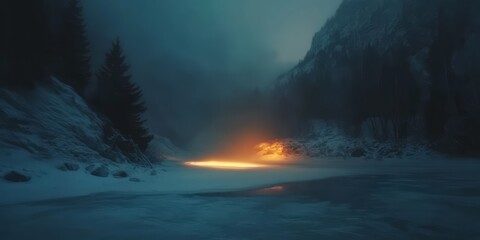 Naklejka premium Enigmatic Winter Glow Illuminates Frozen River Valley