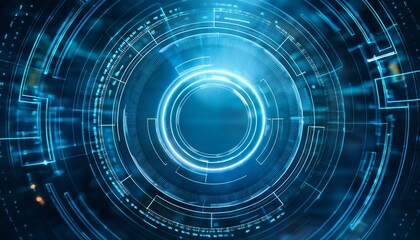 Obraz premium Abstract blue glowing circular technology background with digital lines and futuristic design. The image evokes a sense of innovation and cutting-edge technology.
