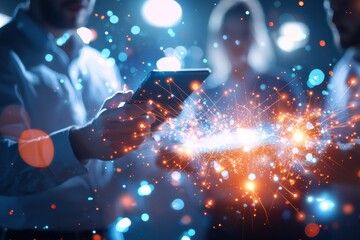 modern business and technology theme. Blurred background with people. A sleek, simple and sleek holograms emerge, showcasing technology icons and networking