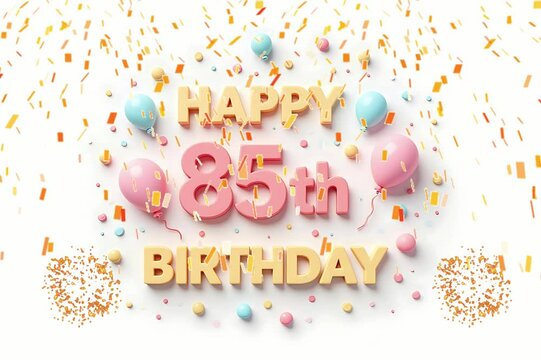 Animated 3D Happy 85th Birthday background video in pastel theme with floating balloons, lit candles, fireworks, and confetti shower
