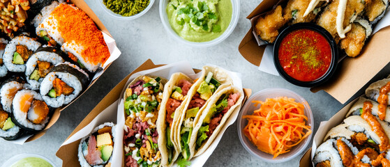 A colorful spread of sushi, tacos, and various side dishes, showcasing a delightful fusion of flavors and cuisines.
