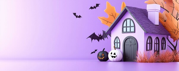 Whimsical Halloween house with spooky elements.