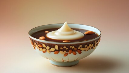 A creamy-white Japanese purin, topped with dark caramel and toasted almonds, rests in a hand-painted ceramic cup against a soft peach and cream background, evoking warmth and indulgence.