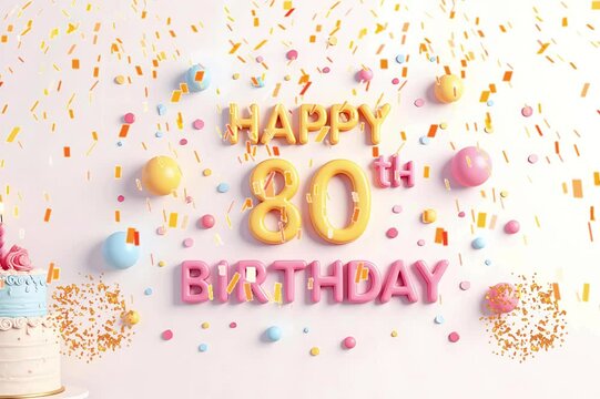 Animated 3D Happy 80th Birthday background video in pastel theme with floating balloons, lit candles, fireworks, and confetti shower