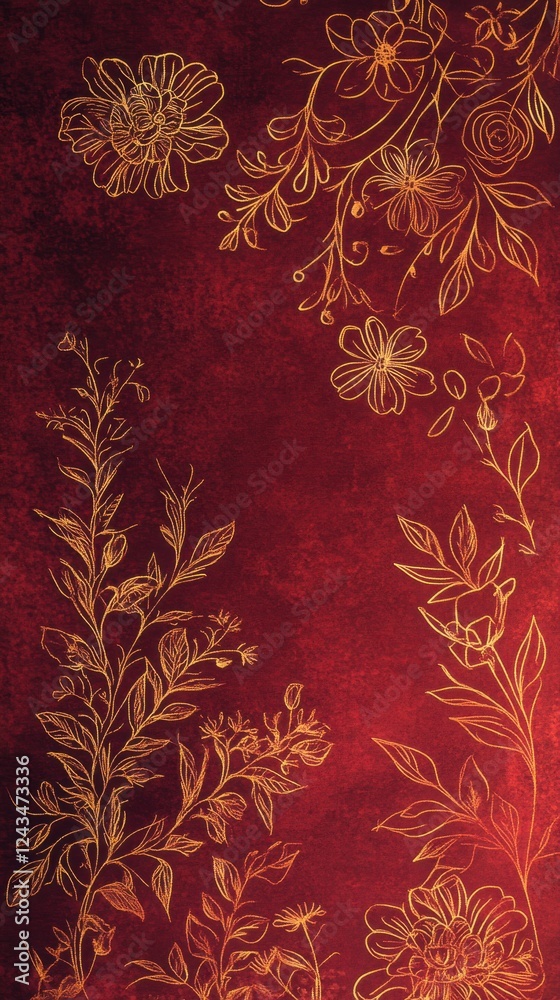 Poster Floral doodles in bronze showcase intricate patterns on deep red background for stylish decor and design