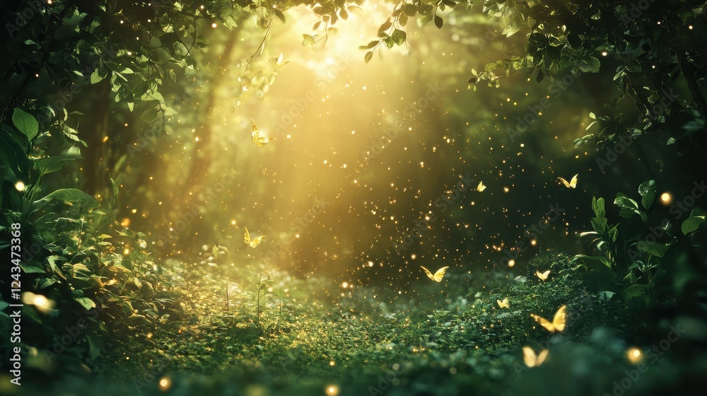Poster Golden bokeh highlights create an enchanting atmosphere in a lush forest with butterflies dancing in soft sunlight