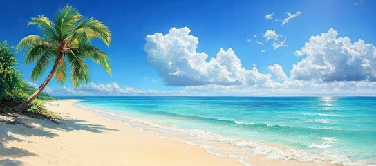 Fototapeta premium Tropical Beach Scene with Palm Tree Turquoise Ocean Blue Sky and White Clouds on Sunny Day Beautiful Scenery for Summer Vacation